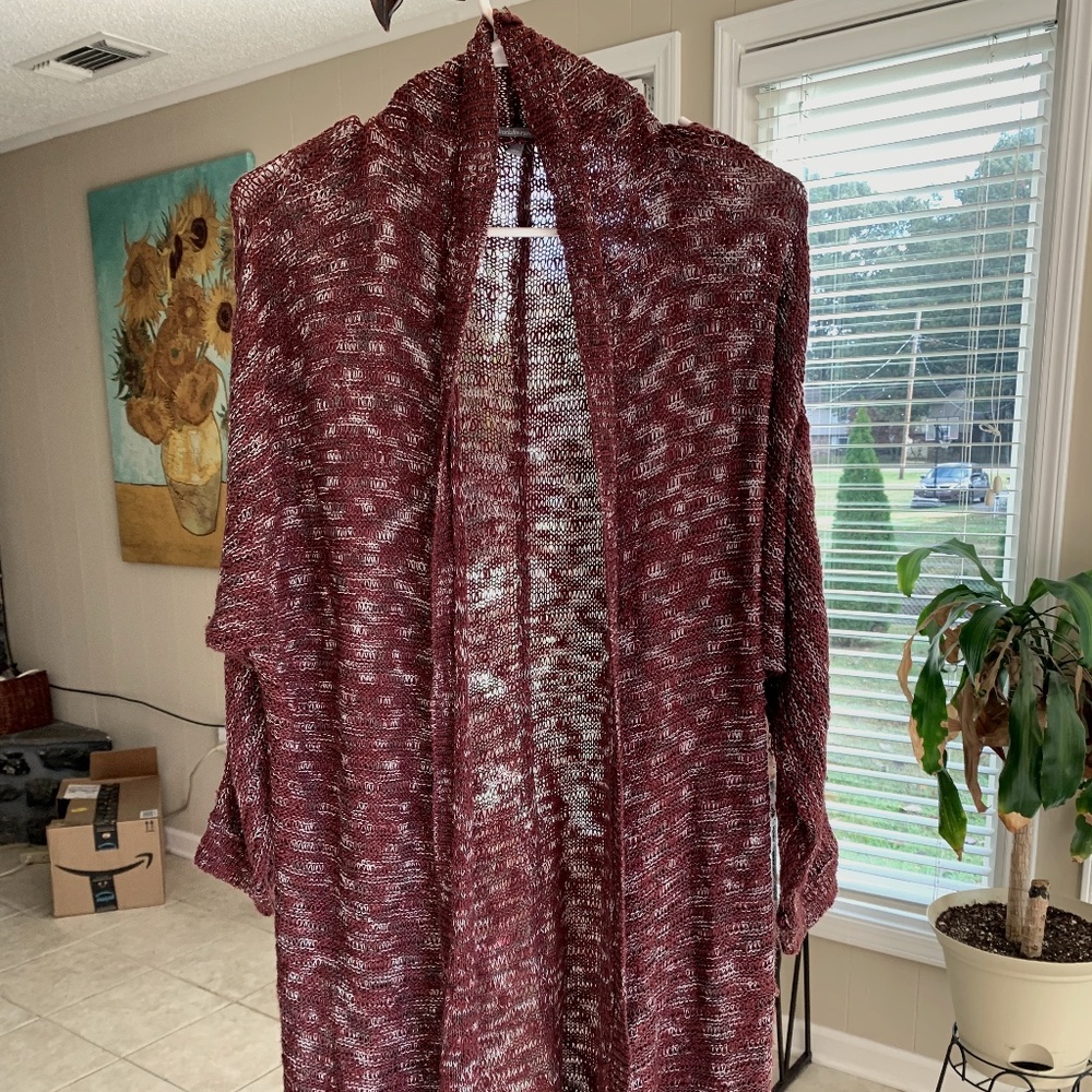 Women's long knitted maroon cardigan originally from Charlotte Russe.